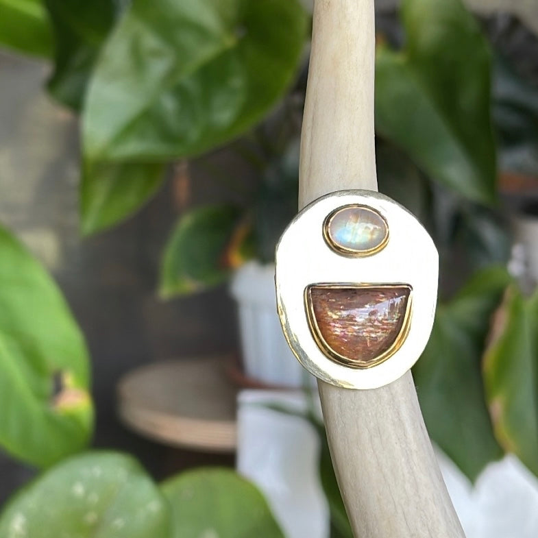 Shield ring with sunstone and rainbow moonstone-serena kojimoto studio