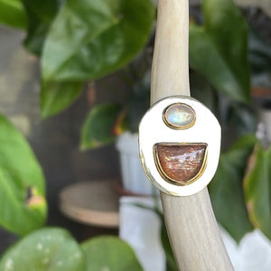 Shield ring with sunstone and rainbow moonstone-serena kojimoto studio