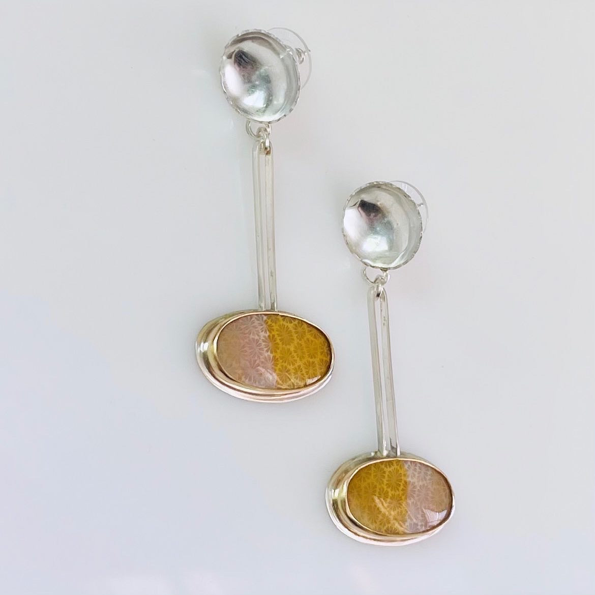 Pendulum fossilized coral flower earrings-serena kojimoto studio